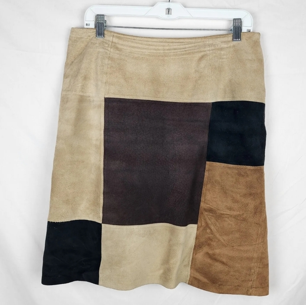 Alfani Women's 100% Leather Lined Patchwork Y2K Trendy Boho A-line Skirt sz 10